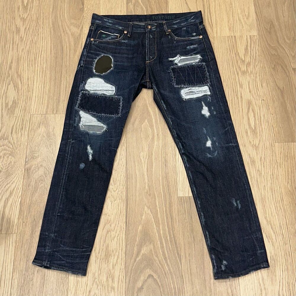 Tortoise Patch Distressed Selvedge Denim Jeans Womens 30x25 (Tagged 27) USA